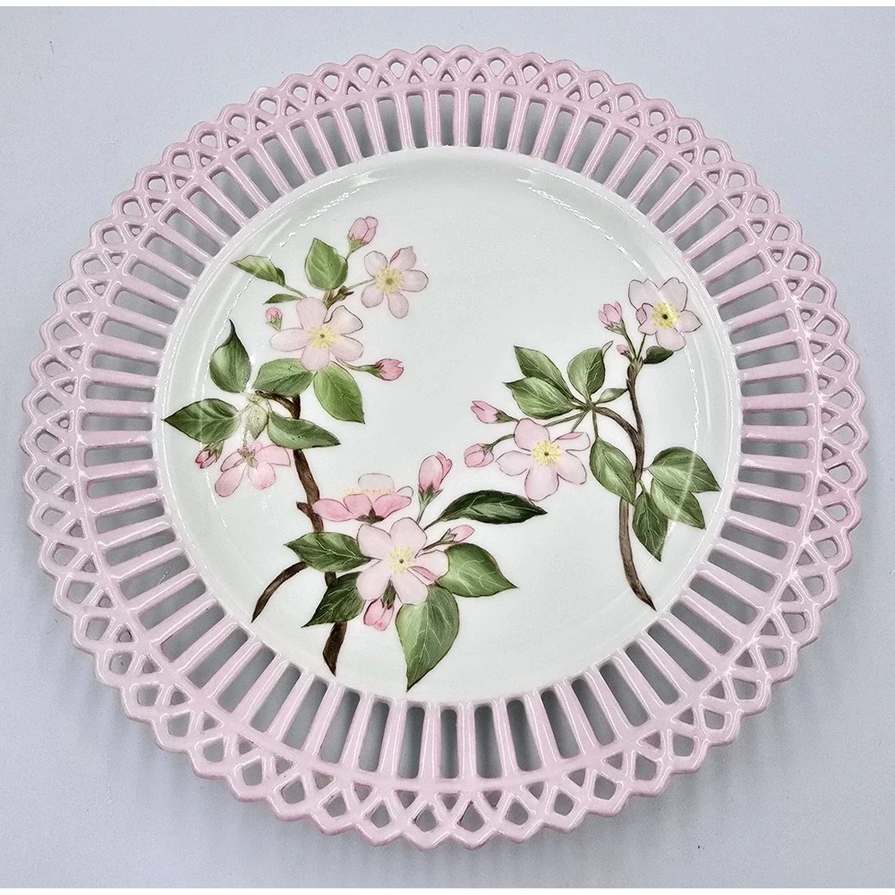 Pink Reticulated Pierced Lattice Rim Porcelain Plate Pink Crab Apple Blossoms 9